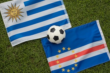 Naklejka premium Uruguay and cape verde flags with soccer ball on green grass