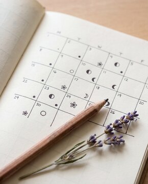 Menstrual cycle tracker journal open page with symbol marks femtech women health
