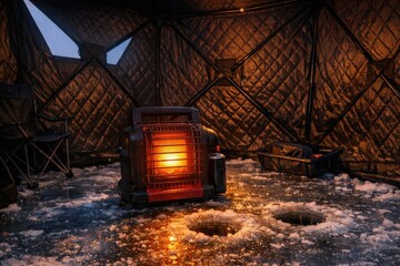 Obraz premium A cozy heater sits on a snowy floor, perfect for warming up a cold space
