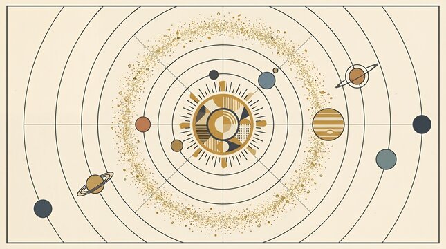 Vintage style solar system celestial orbital map illustration.