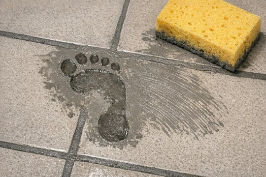 A close-up shot of a dirty floor with a sponge resting on top, great for scenes where cleaning is necessary