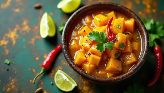 Indian mango pickle aam ka achaar in bowl. Chunks of ripe mango in spicy orange sauce garnished with chili pepper and parsley. Lime slices and red chilies surround dish.
