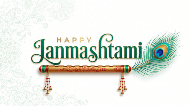 Elegant Janmashtami typography with flute and peacock feather for festive greeting and branding
