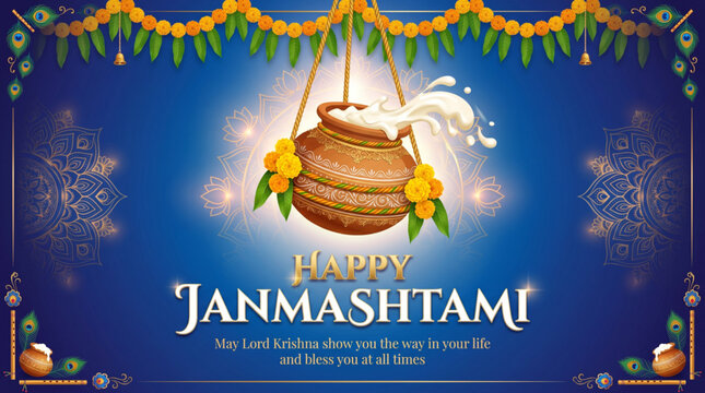 Traditional dahi handi hanging decoration for Janmashtami celebration greeting banner and festival promotion