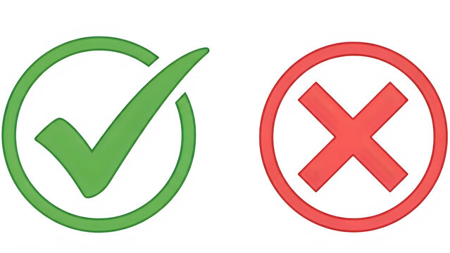 Green check mark and red cross symbols representing approval and rejection, isolated on transparent background