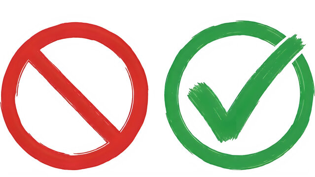 Red prohibition symbol and green checkmark signifying approval, both in circular icons isolated on transparent background