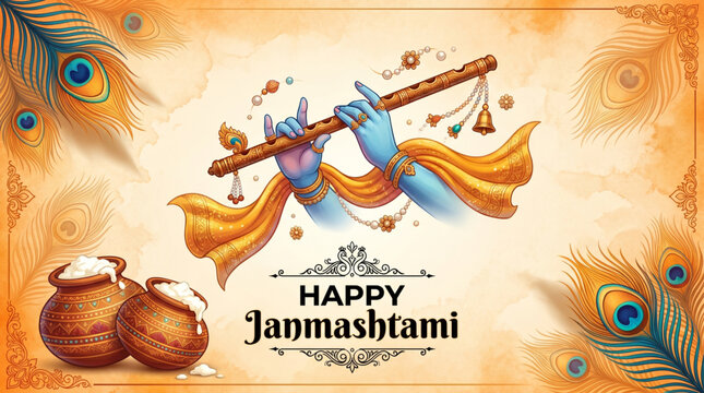 Sacred Krishna flute with dahi handi and peacock feathers for Janmashtami festive greeting design