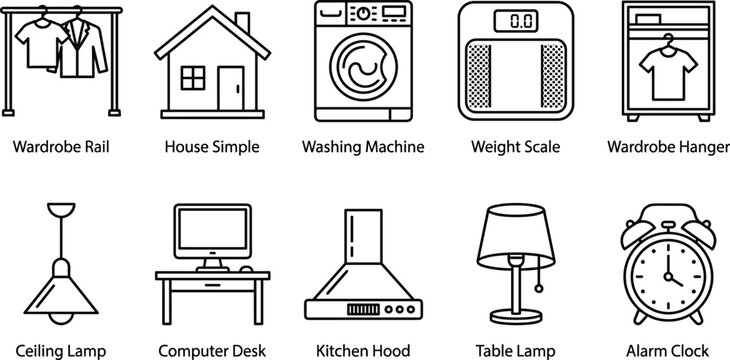 Minimalist home appliances and interior furniture outline vector icons set featuring household objects collection.