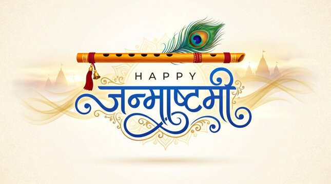 Elegant Janmashtami typography with flute and peacock feather for festive greeting and branding