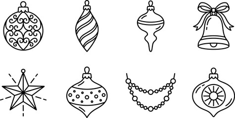 Fototapeta premium Christmas ornaments line art collection with baubles stars bells and decorative garlands.