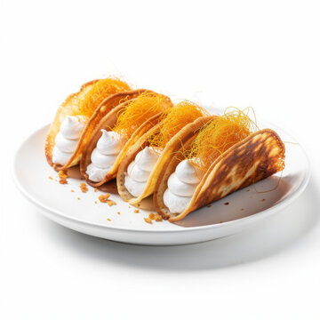 Khanom Buang Thai Crispy Crepes Isolated on White Background Square Composition Studio Shot