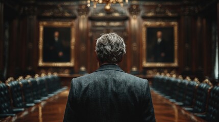 Obraz premium Back view of a man in a blazer looking at a symmetrical luxury hall with portraits.