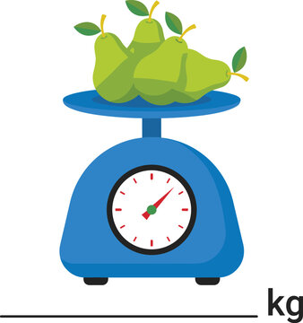 Mechanical kitchen weight scale filled with green pears showing measured value on circular pointer dial with kilograms symbol line indicator isolated on plain white background for elementary school 
