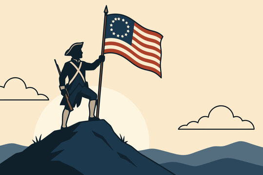 Revolutionary soldier holding flag on mountain peak