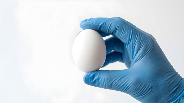 Close up view of a hand in a blue nitrile protective glove holding a single clean white chicken egg for laboratory test or food safety inspection. 