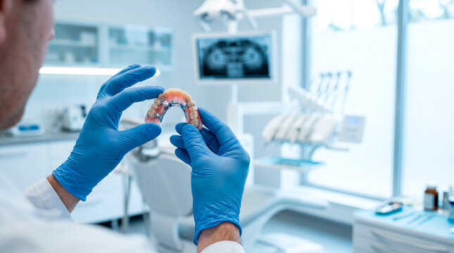 Dentist holding a partial denture with metal framework in a modern clinic
