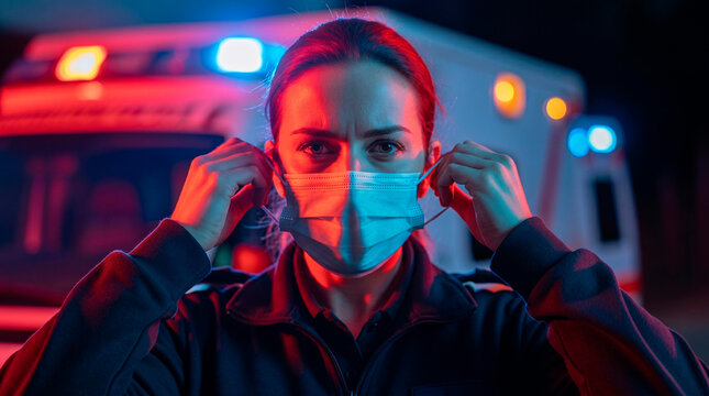 Paramedic puts on face mask in front of ambulance with flashing lights at night