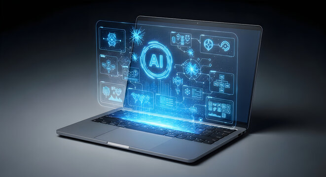 Laptop computer with futuristic AI interface on screen display  technology concept