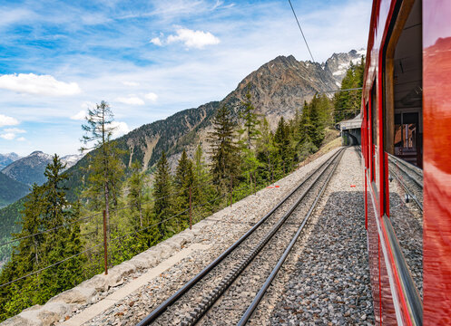 View from Montenvers railway train ascending to Mer de Glace in Chamonix, French Alps