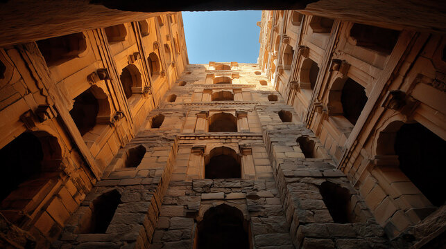 Dramatic upward view of the towering niche lined sandstone walls of an ancient Indian stepwell rising to a bright blue sky