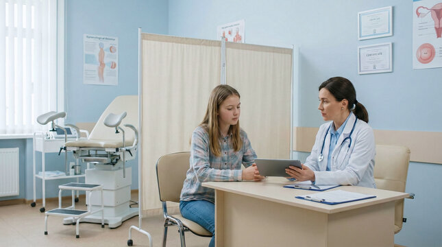 Doctor discusses medical results with a teenage patient in a gynecologist's office