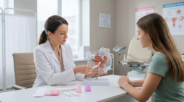 Gynecologist explaining female reproductive system model and menstrual products to young patient