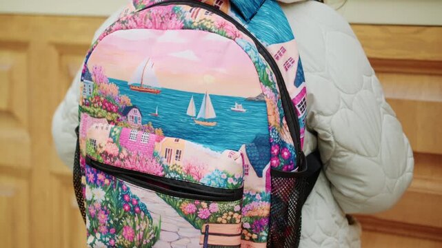 Close up of a colorful backpack with detailed patterns and zippers