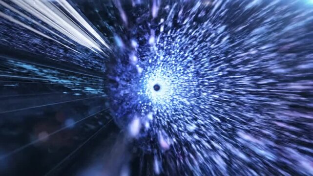 Abstract cosmic vortex of blue light rays converging toward central point in dark space