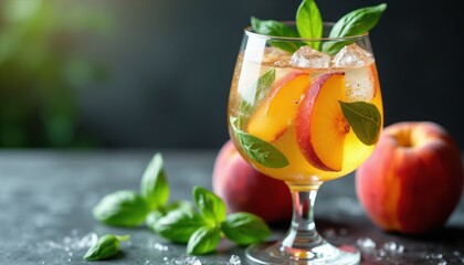 Fototapeta premium Glass with peach basil drink, fresh fruit slices, ice cubes, and green leaves. Two ripe peaches sit nearby on dark table. Refreshing summer beverage.