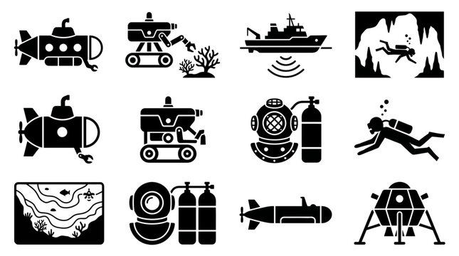 Set of underwater exploration and deep sea research equipment icons