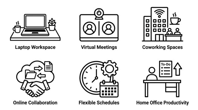 Remote work and office collaboration productivity icons with workspace, business