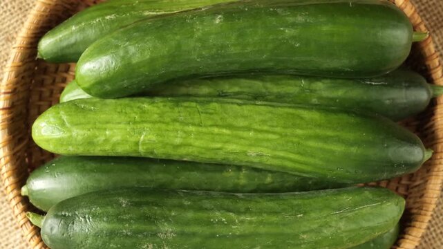 Fresh green cucumbers rotating in a basket