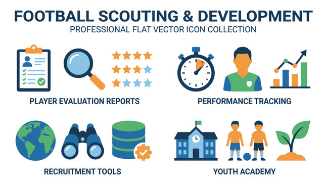 Football scouting and player development professional icon set with football