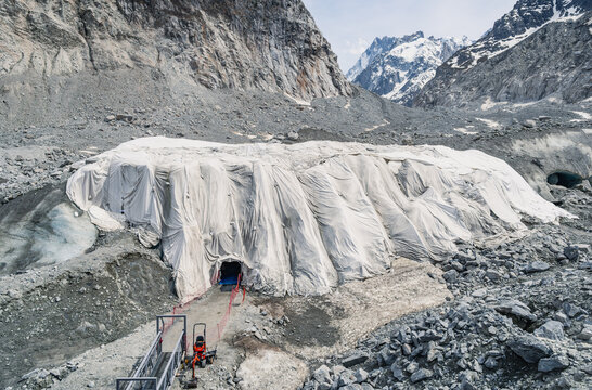 Protected ice cave entrance at Mer de Glace glacier, Chamonix