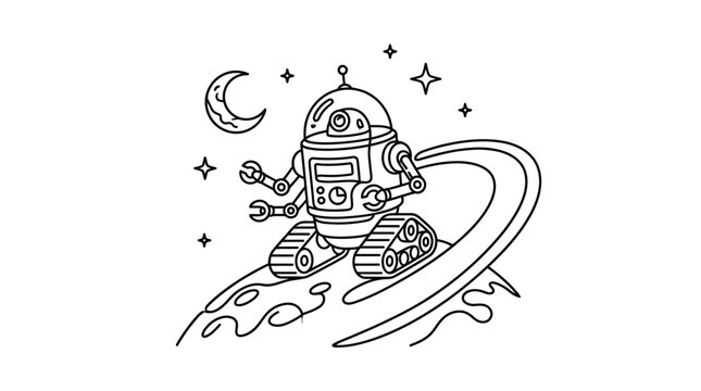 Cute robot explorer on alien planet landscape line art illustration with sci