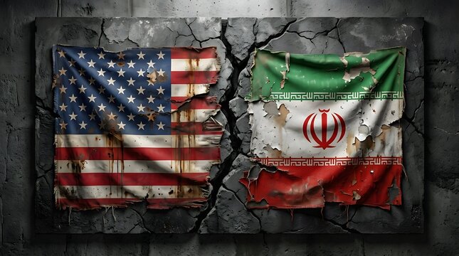 Worn united states and iran flags on cracked stone surface conceptualizing geopolitical instability and national tension with conflict