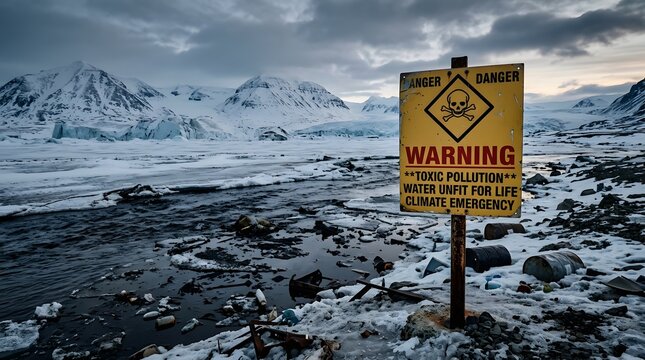 Danger warning sign in a remote arctic landscape with melting ice and snow landscape environmental wilderness background dramatic