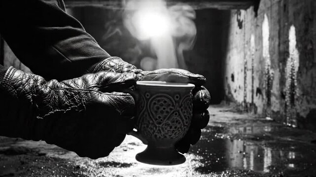 Black and white shot of hands in leather gloves holding a steaming cup of tea in a dark, wet tunnel or cellar