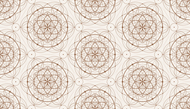 Seamless mystical pattern, Flower of life, sacred geometry motifs. lotus flowers. mandalas ornament Seed of Life icon, esoteric or spiritual symbols. Vector vintage art design on white background