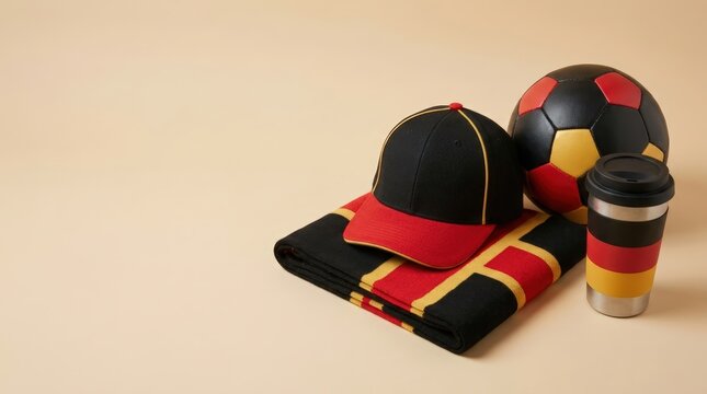 Football fan accessories set with cap, scarf, ball, and travel mug in team colors