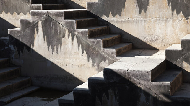 Interlocking flights of stone stairs form a striking geometric pattern of light and zigzag shadow on the wall of an ancient stepwell