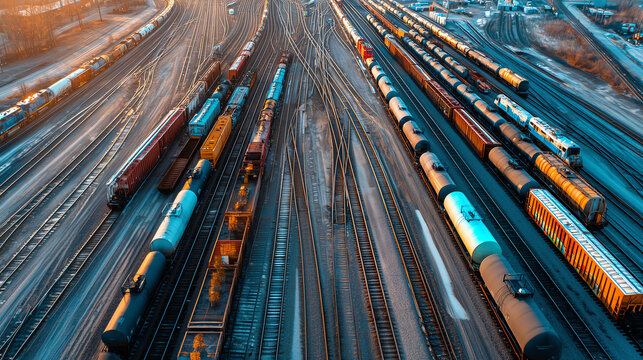 Aerial view of converging railway tracks in a busy freight yard with rows of colorful boxcars and tank cars at golden sunset