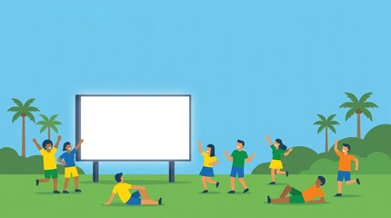 Fototapeta premium Fans celebrating outdoor football match on big screen in tropical park