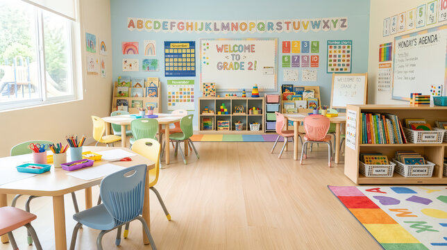 Empty modern preschool classroom with educational materials and school supplies, AI generated.