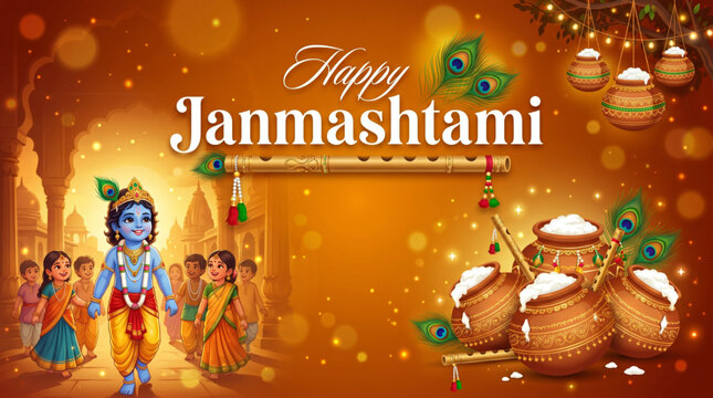 Joyful baby Krishna with butter pots and flute for Janmashtami festival greeting banner design