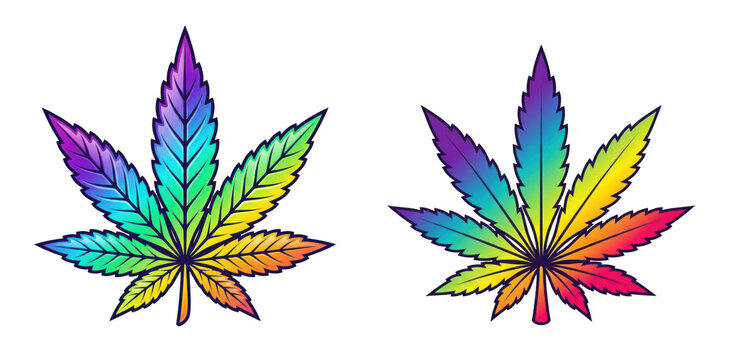 Colorful rainbow cannabis leaves isolated on transparent background