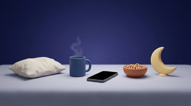 Minimal bedtime scene with pillow, coffee cup, smartphone, cereal bowl, and crescent moon