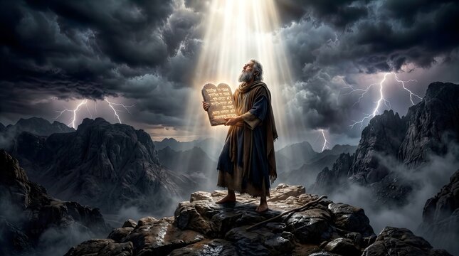 Prophet Moses on Mount Sinai Receiving Ten Commandments Glowing Tablets Dramatic Storm Heavenly Light Beams