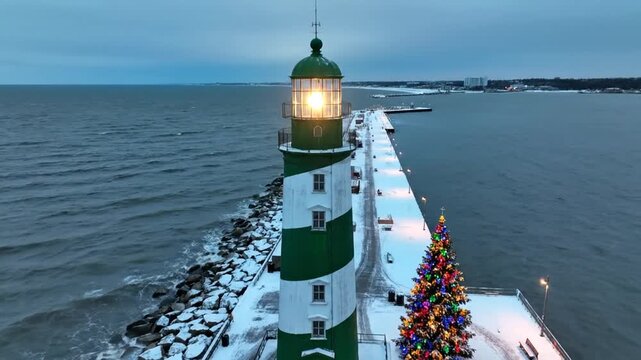 Coastal lighthouse with decorated christmas tree during winter at twilight