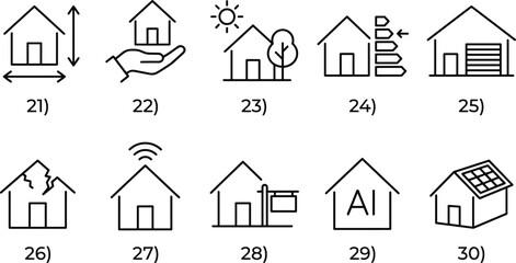 Real estate house line icons set featuring smart home technology energy efficiency and property sales sign. © Emongrapic